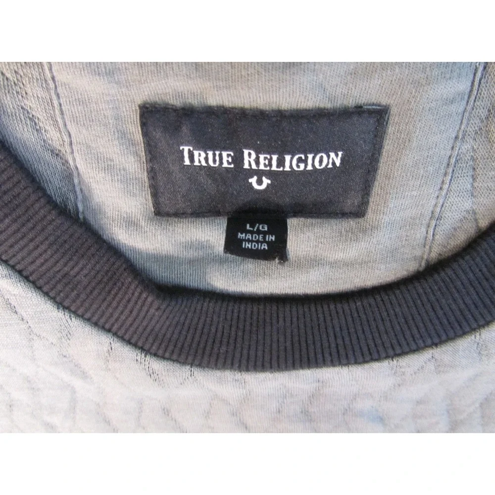 True Religion Mens Grey Quilted Crewneck Sweatshirt Black Contrast Large
